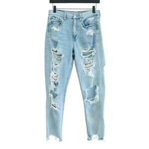 Vintage Wash High Waist Mom Jeans with Heavy Distressing and Raw Hem